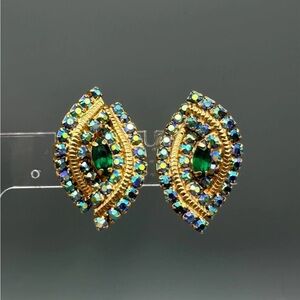 VTG Signed ALICE CAVINESS Blue AB Green Rhinestone Clip Earrings Gold Tone